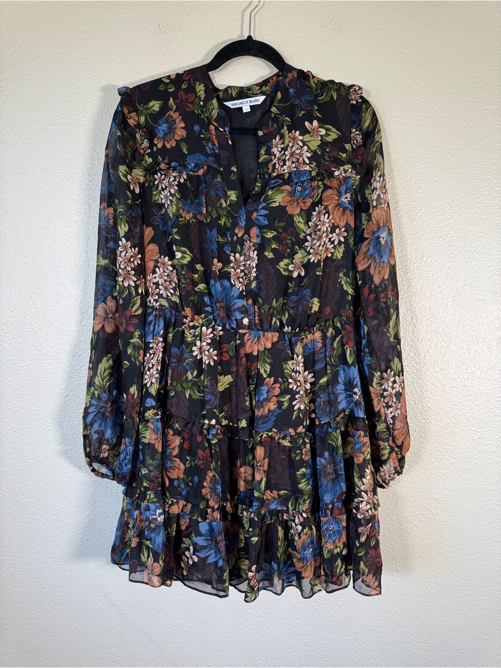 Veronica Beard Black Floral Tiered Mini Dress Womens 12 Boho Luxury Sheer - Picture 9 of 12